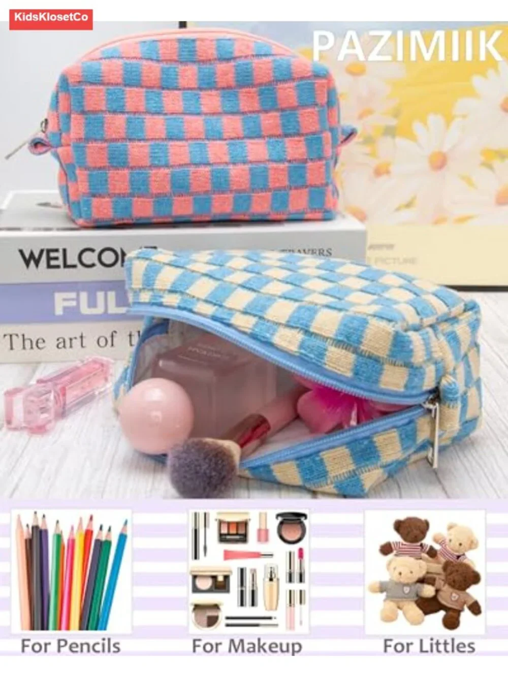Checkered Cosmetic Bag Set, Small Makeup Pouch, 2 Pack, Soft Knit, Purse